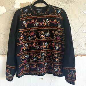 Embroidered Sweater Vintage 90s Boho Colorful Floral Knit Pullover Women L Artsy